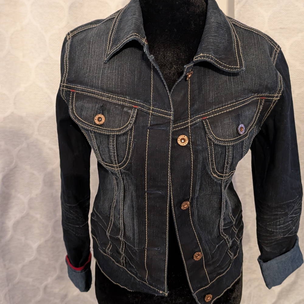 Vanilla Star Navy Denim Jacket with Red Highlights